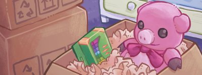 Unpacking-Heldengrafik, die einen Karton zeigt, der ein pinkfarbenes Spielzeugschwein enthält.