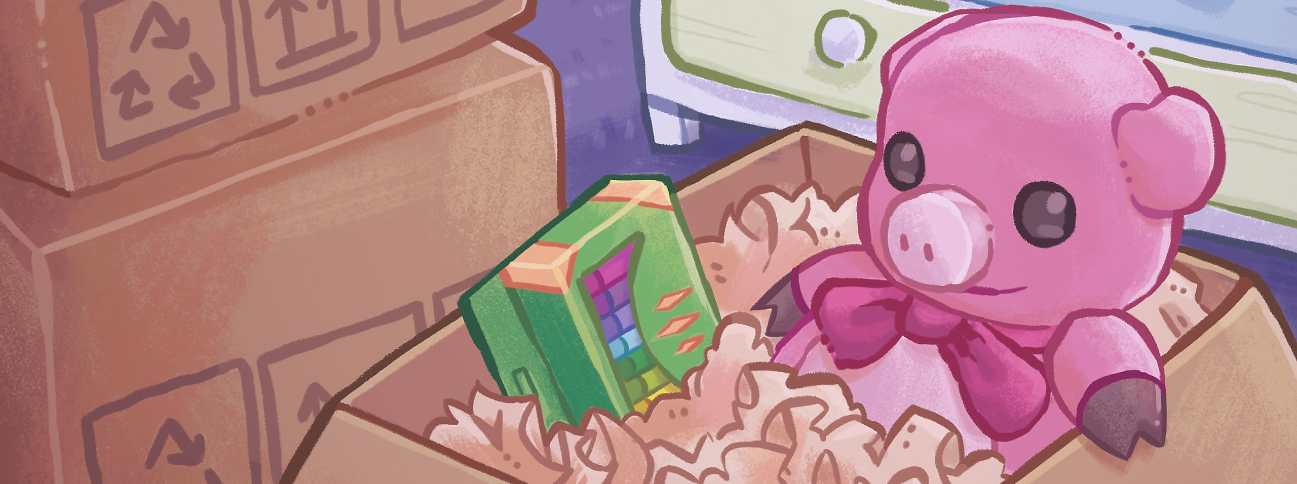 《Unpacking》首图美术，显示一个纸箱装着粉红猪玩偶