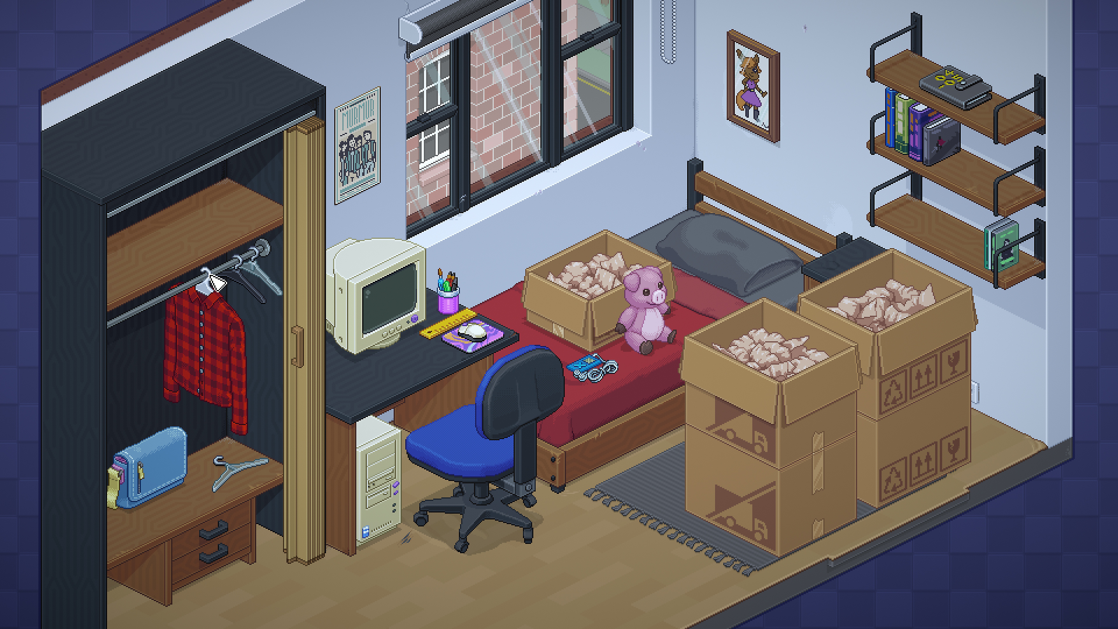 Screenshot van Unpacking met daarop een kantoor