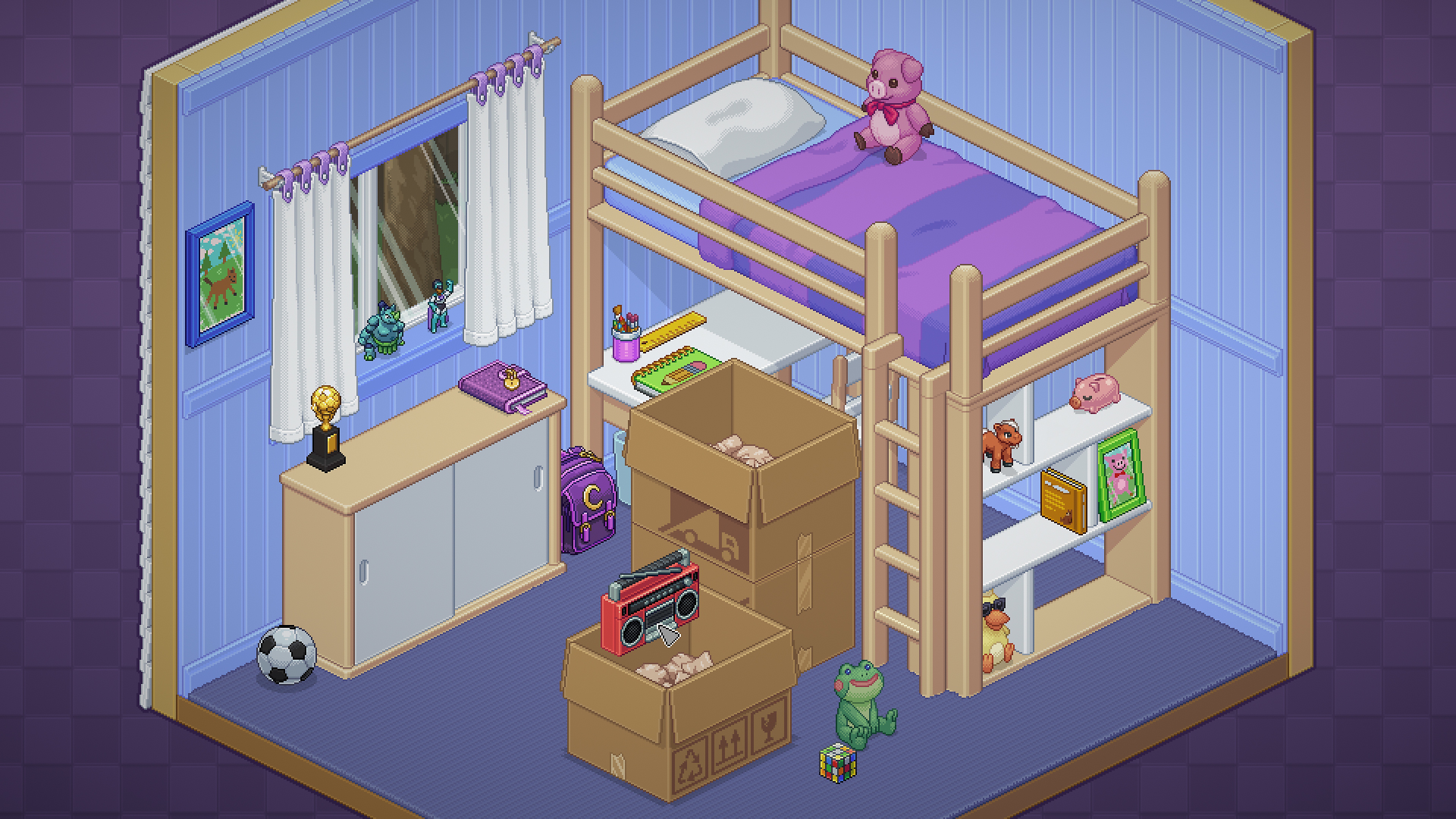 Captura de pantalla de Unpacking mostrando una escena de dormitorio