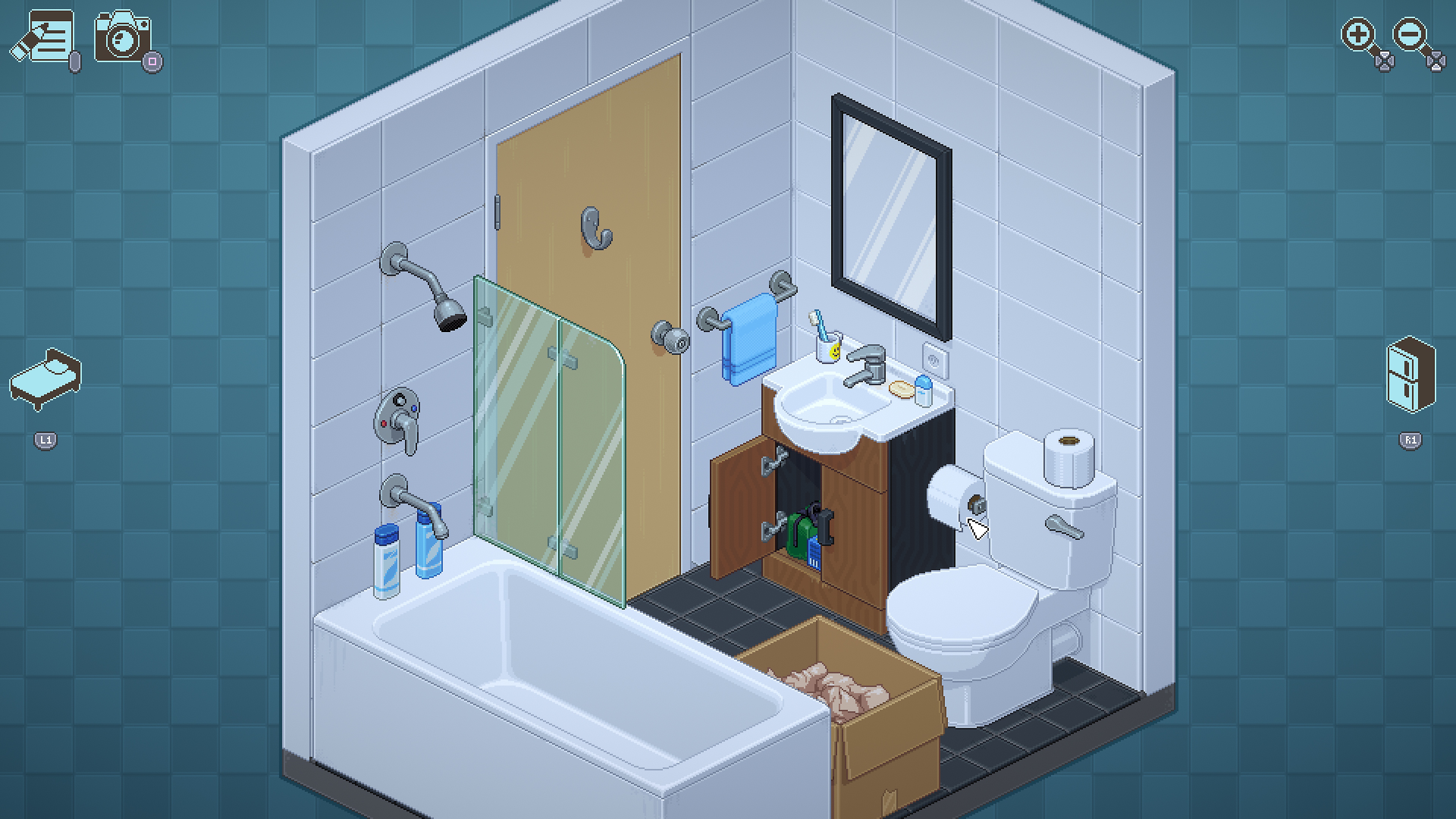 Unpacking-Screenshot mit einer Szene im Badezimmer.