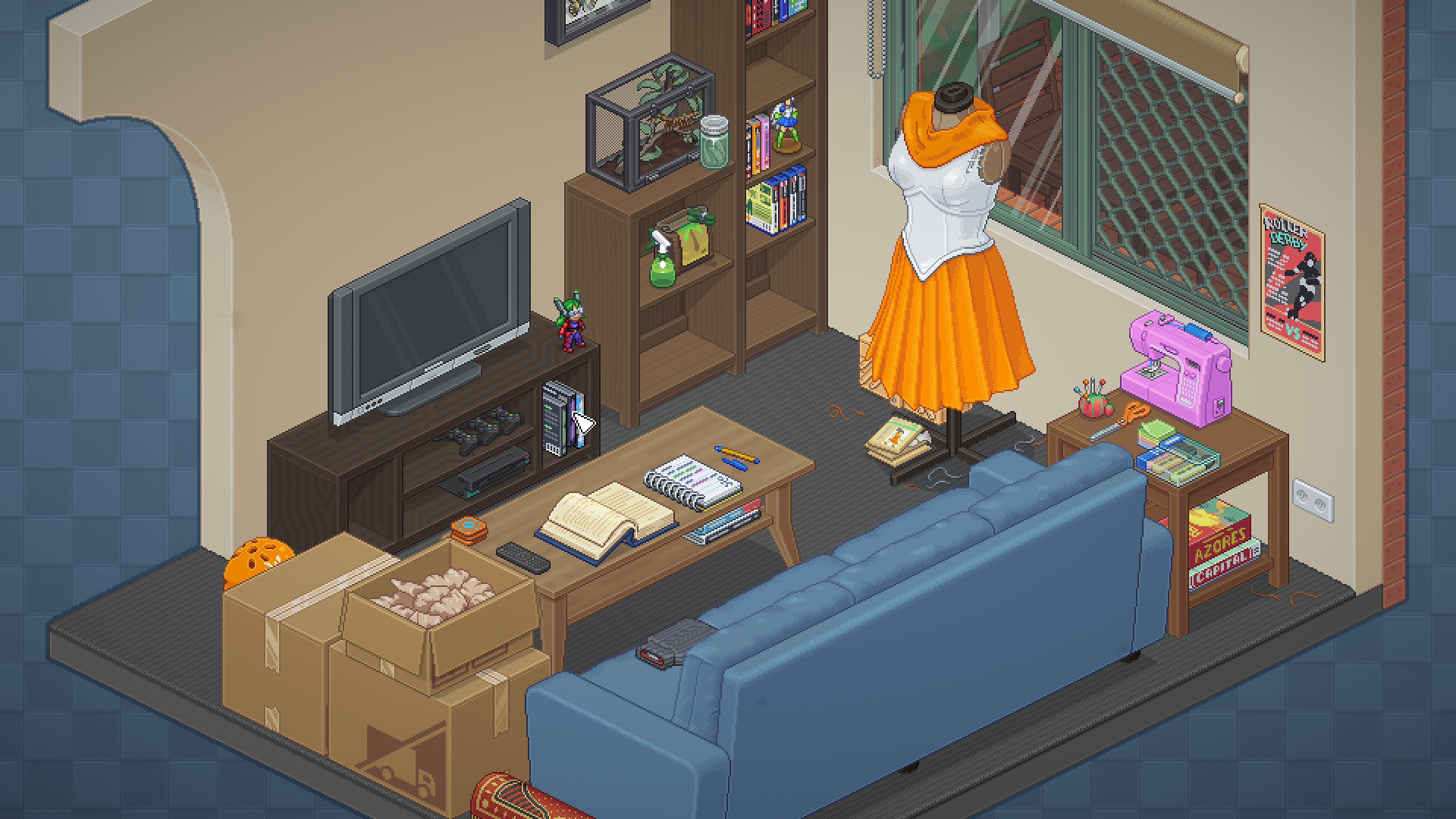 Captura de pantalla de Unpacking mostrando una escena de sala de estar