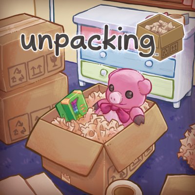 Unpacking key art, featuring a colourful hand-drawn illustration of a teddy bair and a box of crayons in a cardboard box.