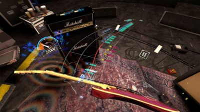 Unplugged: Air Guitar screenshot showing a player's view looking down at a guitar and notes to play coming toward them