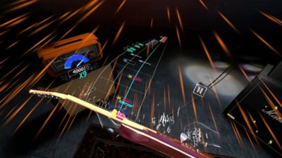 Unplugged: Air Guitar screenshot showing a player's view looking down at a guitar and notes to play coming toward them