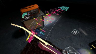 Unplugged: Air Guitar screenshot showing a player's view looking down at a guitar and notes to play coming toward them