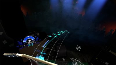 Unplugged: Air Guitar screenshot showing a player's view looking down at a guitar and notes to play coming toward them