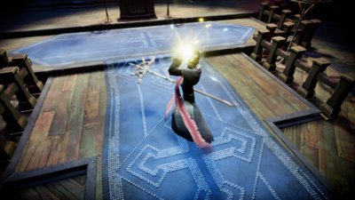 V Rising screenshot showing a character casting magic in a church or cathedral environment