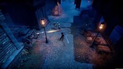 V Rising – Capture d'écran montrant le joueur en plein combat dans un environnement urbain