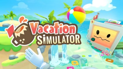 Vacation Simulator key art showing a beach ball and a robot.