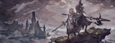 صورة فنية أساسية للعبة Valkyrie Elysium تظهر فيها شخصيتان تقفان على صخرة. ثمة قلعة على مسافة بعيدة تحت سماء ملبدة بالغيوم