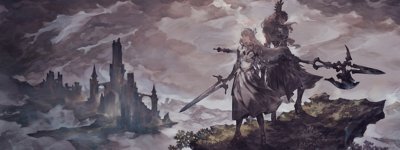 Grafik von Valkyrie Elysium mit zwei Charakteren, die auf einem Felsen stehen. Ein Schloss ist in der Ferne unter bewölktem Himmel zu sehen.