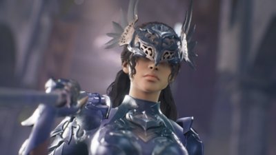 Screenshot von Valkyrie Elysium mit einem Charakter, der durch ein Dorf läuft