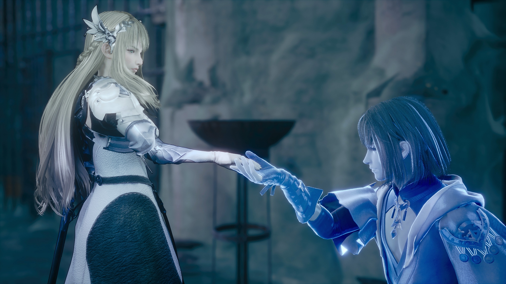 Screenshot von Valkyrie Elysium mit einem blau leuchtenden Ritter, der vor einer Prinzessin kniet