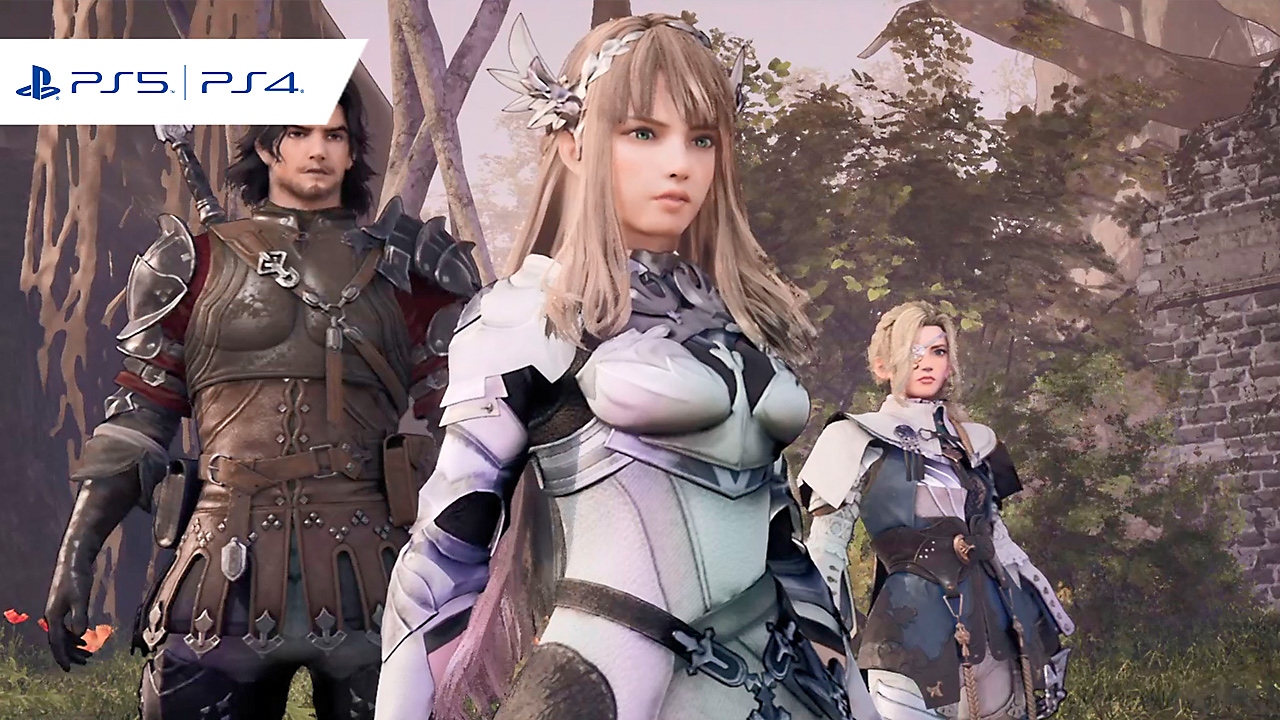 Valkyria Elysium gameplay screenshot featuring three key characters standing in a wooded area.
