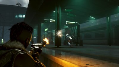 Captura de pantalla de Vampire the Masquerade - Bloodhunt que muestra a un personaje disparando un arma