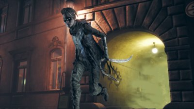 Snimka zaslona igre Vampire the Masquerade – Bloodhunt koja prikazuje lika kako istrčava iz prolaza