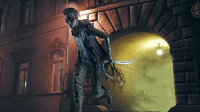 Vampire the Masquerade - Bloodhunt - Capture d'écran montrant un personnage qui sort en courant d'une allée