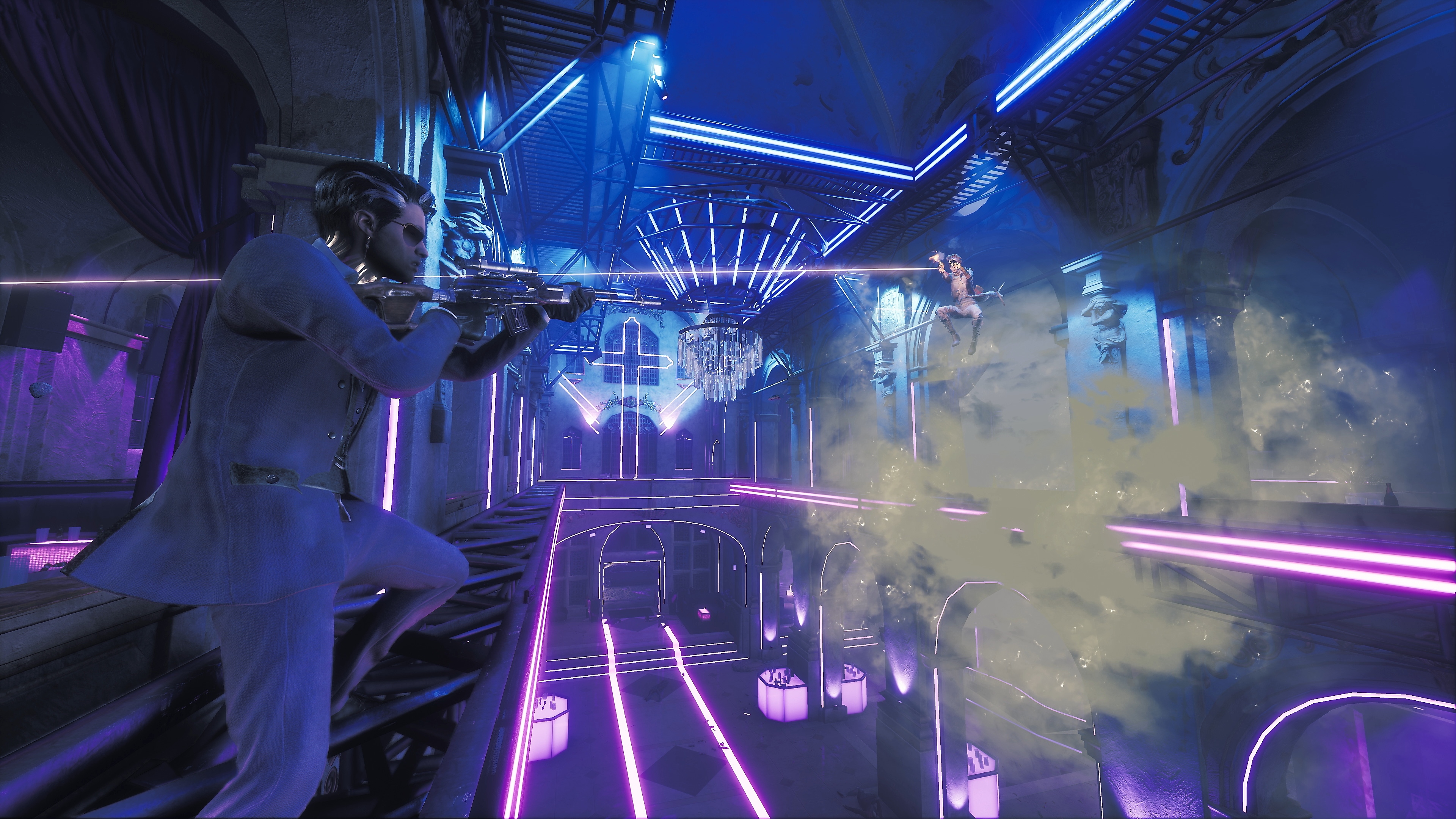Captura de pantalla de Vampire the Masquerade - Bloodhunt que muestra a un personaje en un ambiente de club de baile iluminado por neones