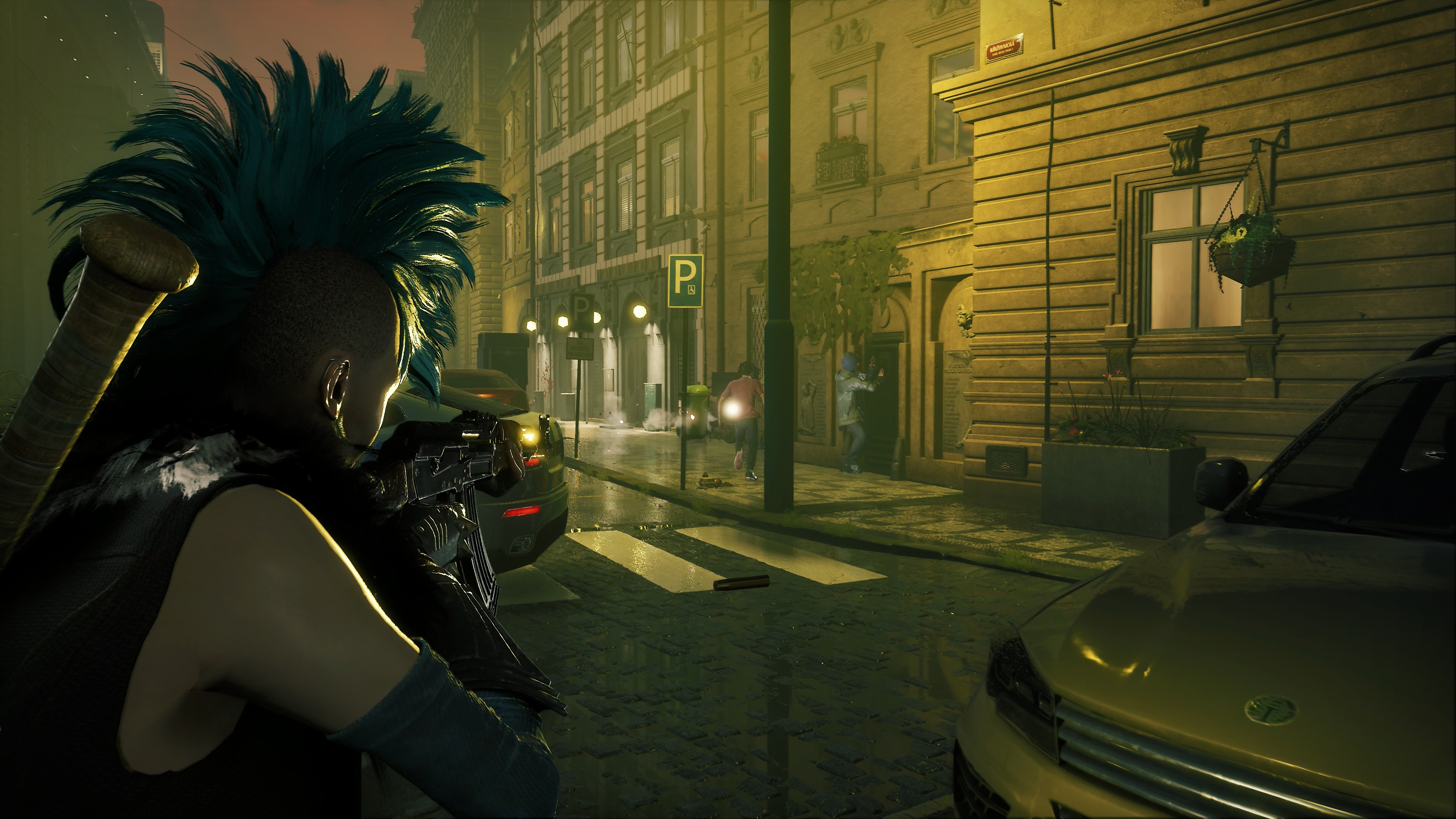 Vampire: The Masquerade – Bloodhunt – Screenshot eines Charakters, der mit einer Waffe zielt