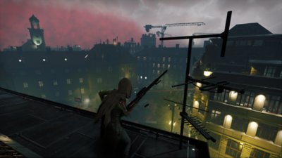Captura de pantalla de Vampire the Masquerade - Bloodhunt que muestra a un personaje sobre un tejado por la noche