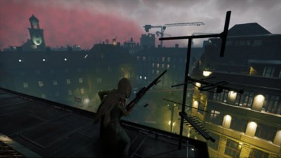 Vampire the Masquerade - Bloodhunt screenshot showing a character on a rooftop at night