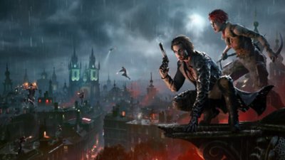 Vampire: The Masquerade - Bloodhunt key artwork showing two vampires crouching on a roof