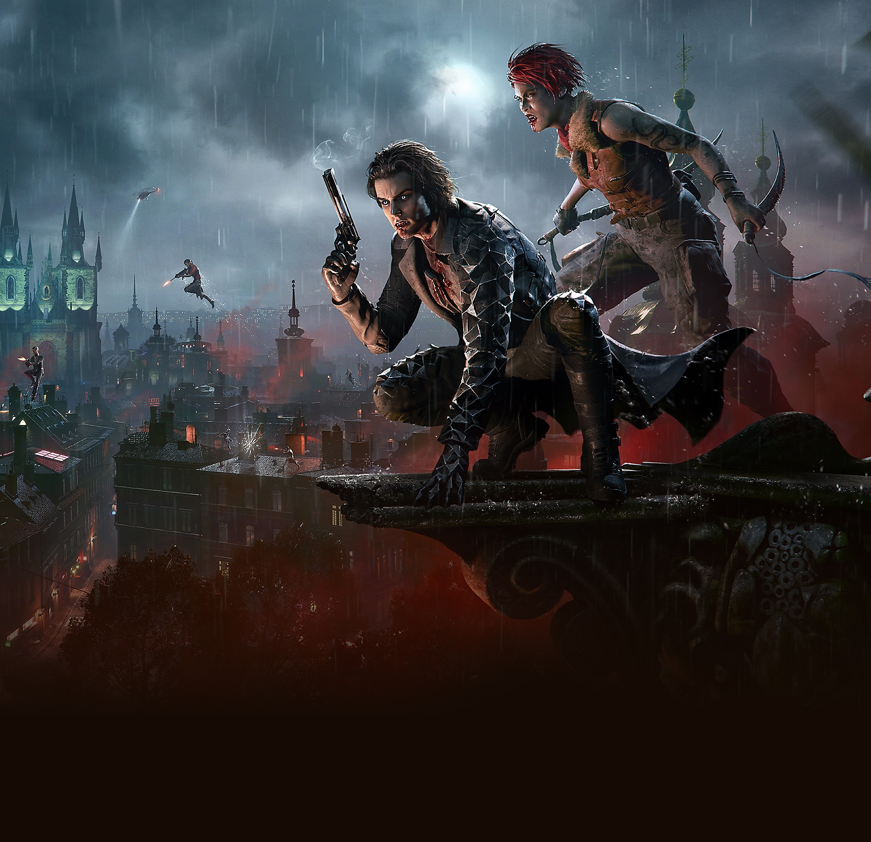 Heldenillustratie van Vampire the Masquerade - Bloodhunt met daarop twee vampieren op een dak