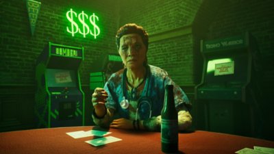 Vampire: The Masquerade - Bloodlines 2 screenshot showing an NPC in scrubs at an arcade lit in green lighting