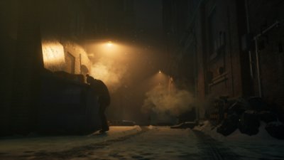 Vampire: The Masquerade - Bloodlines 2 screenshot showing a misty Seattle street with someone looking inside a dumpster