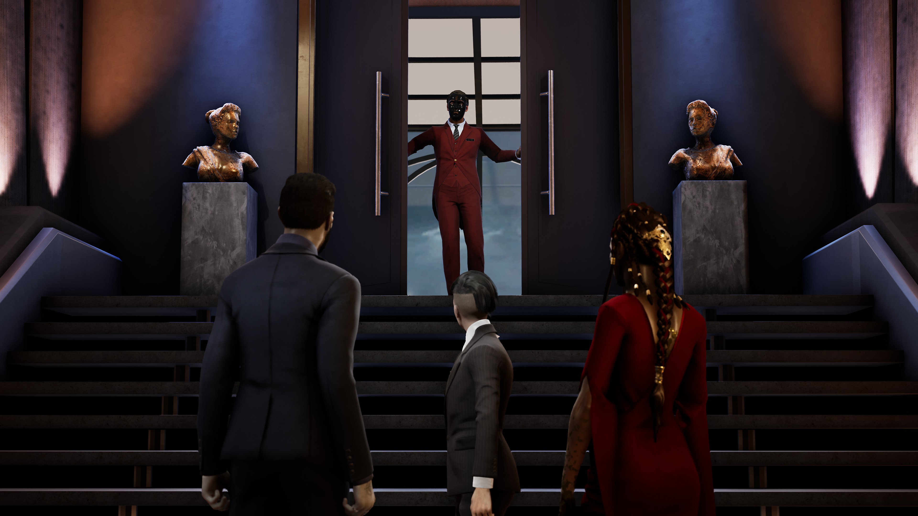 Vampire:‎ The Masquerade - Swansong، لقطة شاشة تظهر فيها إحدى الشخصيات تقف أعلى السلم