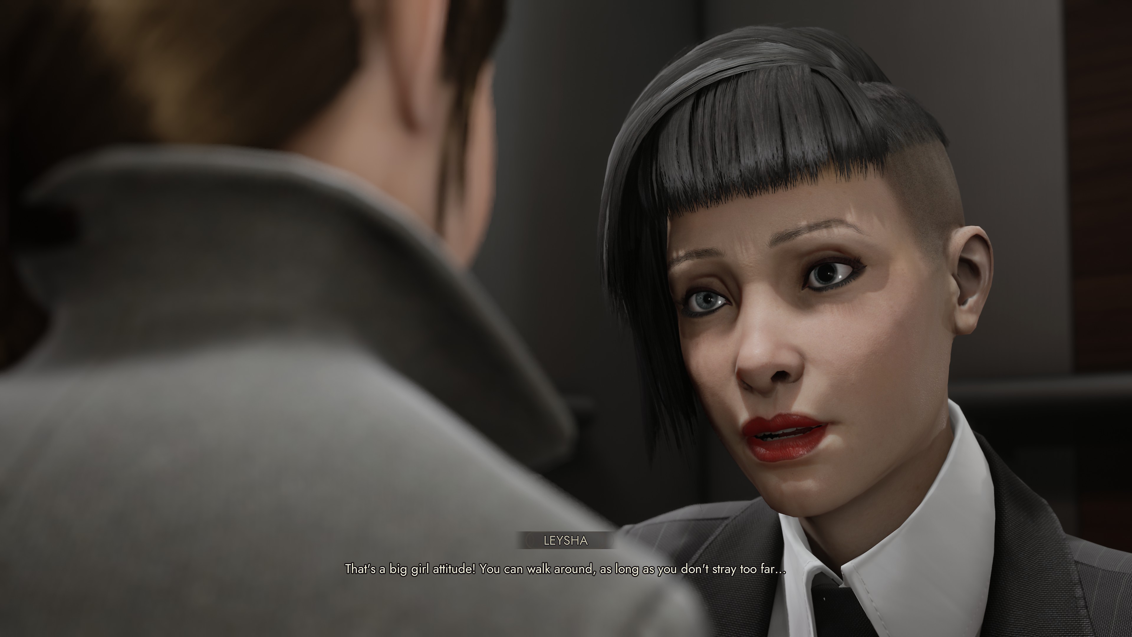 Vampire:‎ The Masquerade - Swansong، لقطة شاشة من اللعبة تظهر فيها شخصيتان تتحدثان