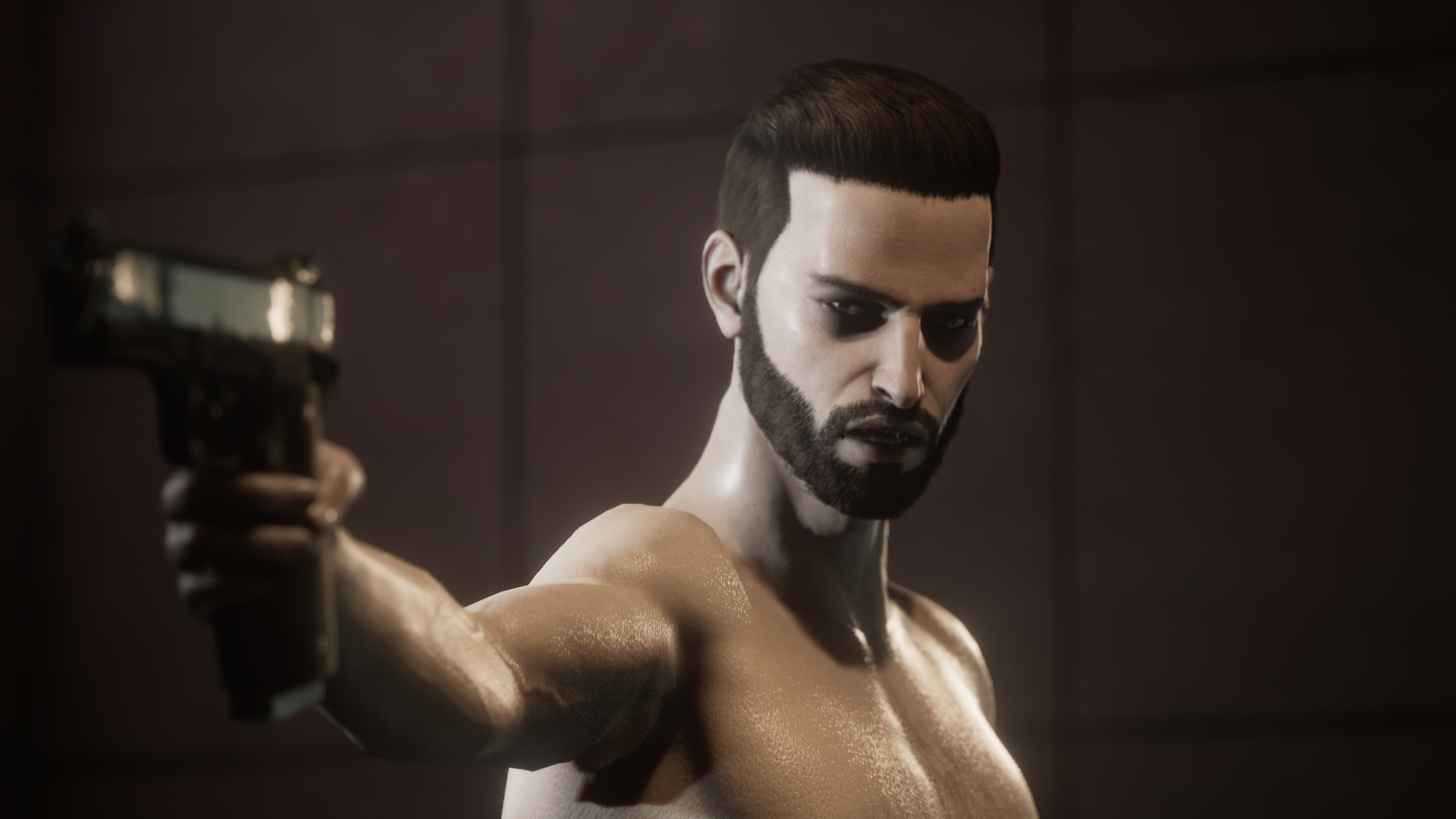 Vampire:‎ The Masquerade - Swansong، لقطة شاشة من اللعبة تظهر فيها شخصية توجّه سلاحًا