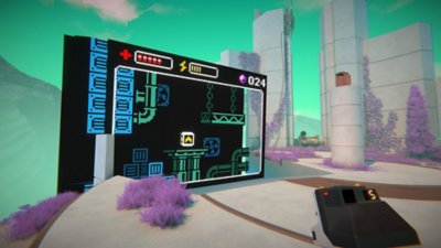 Viewfinder - Captura de tela mostrando uma tela de videogame com um misterioso terminal