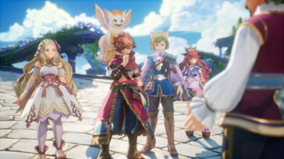 Visions of Mana - Screenshot di un gruppo di personaggi, tra cui il protagonista Val