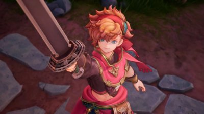 Visions of Mana screenshot showing Val holding a sword aloft