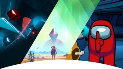 PlayStation VR2 multiplayer games key art showing Beat Saber, No Man's Sky and Among Us