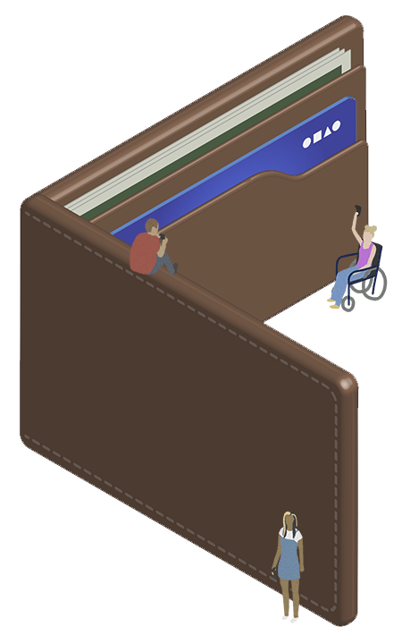 Bild på en stor plånbok omgiven av små personer