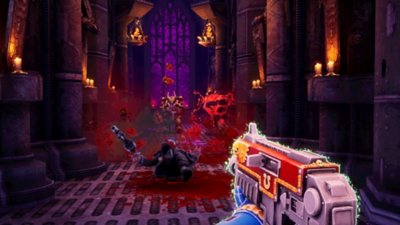 لقطة شاشة من لعبة Warhammer 40,000: Boltgun تُظهر شخصية تطلق النار في ممر.