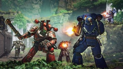 لقطة شاشة من لعبة Warhammer 40,000: Space Marine 2 تعرض جنودًا من النخبة بدروع حمراء وزرقاء يخوضون قتال مع بعضهم البعض