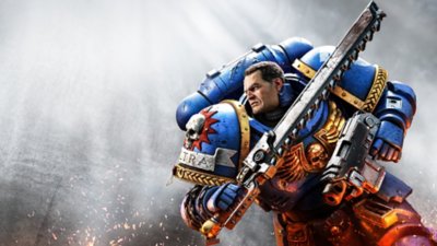 Warhammer 40,000: Space Marine 2 – grafika banneru zobrazujúca mariňáka v modrej zbroji