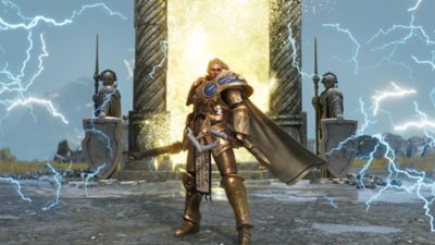 لقطة شاشة من Warhammer Age of Sigmar: Realms of Ruin تظهر فيها شخصية ترتدي عباءة تقف أمام مبنى كبير.