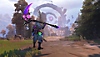 Zrzut ekranu z gry Wayfinder ukazujący Wayfindera trzymającego broń przypominającą olbrzymią kosę
