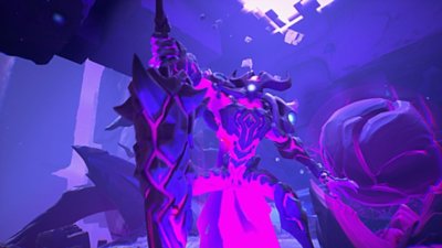 Wayfinder screenshot showing a large enemy illuminated in pink and purple