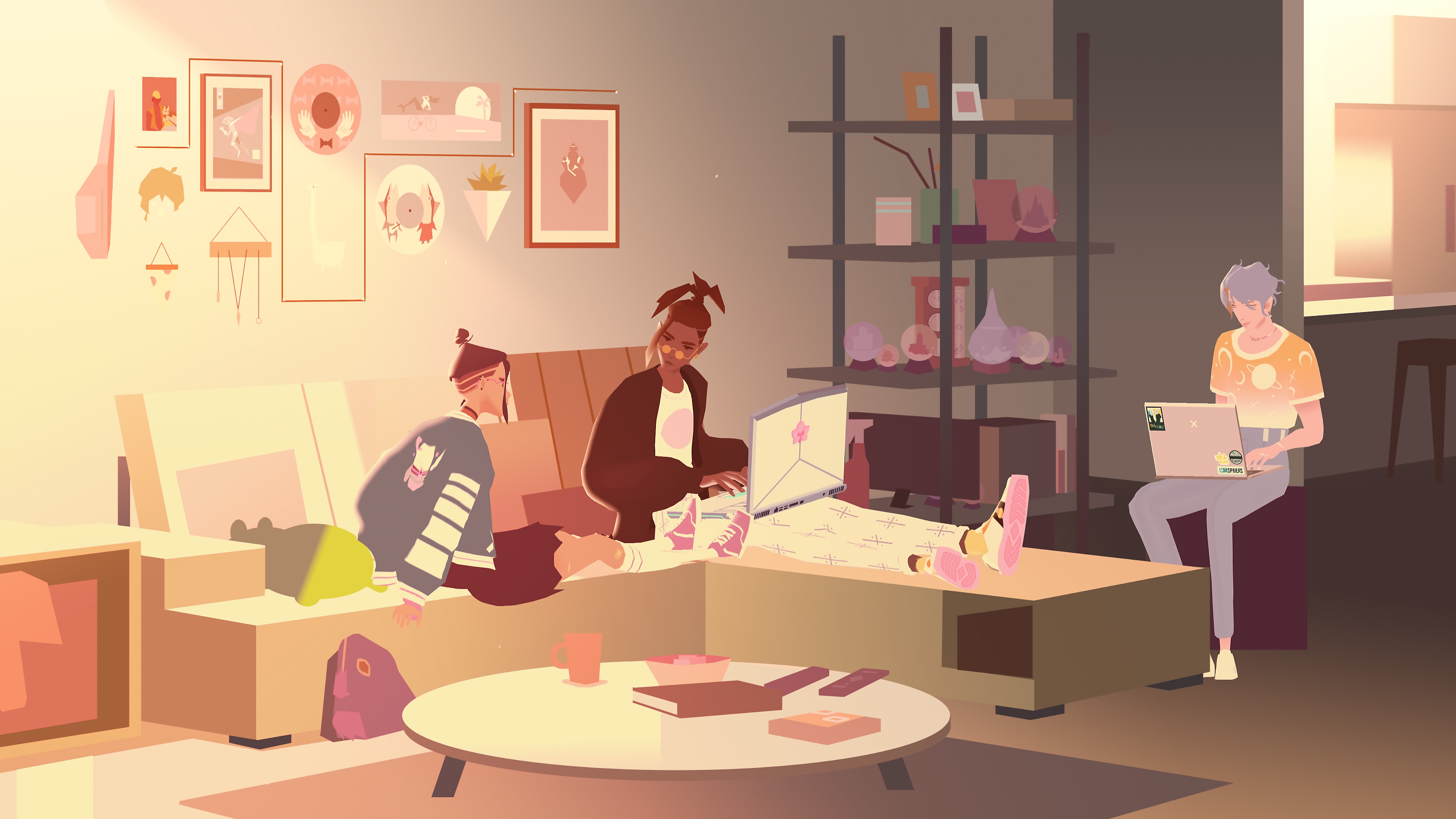 لقطة شاشة للعبة We Are OFK تظهر فيها ثلاث شخصيات في غرفة معيشة