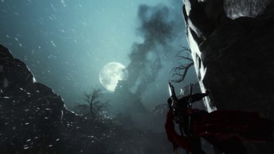 Where Winds Meet screenshot showing the player character scaling a vertical wall under moonlight