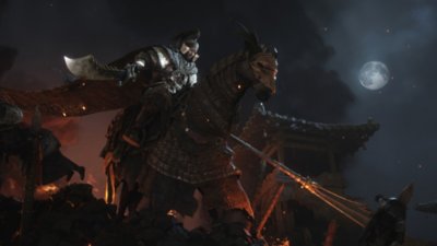 Where Winds Meet screenshot showing a heavily armored character on horseback