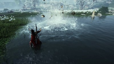 Screenshot aus Where Winds Meet, der den spielbaren Charakter zeigt, der an einem Teich steht und mithilfe von Magie Fische in die Luft befördert