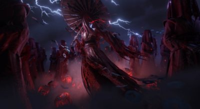 Captura de pantalla de Where Winds Meet que muestra a un personaje demoníaco que lleva una sombrilla, con un ojo rojo brillante y rodeado de discípulos encapuchados.