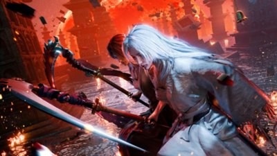 Captura de pantalla de Where Winds Meet que muestra a dos protagonistas con guadaña, uno con pelo blanco y otro con pelo oscuro.